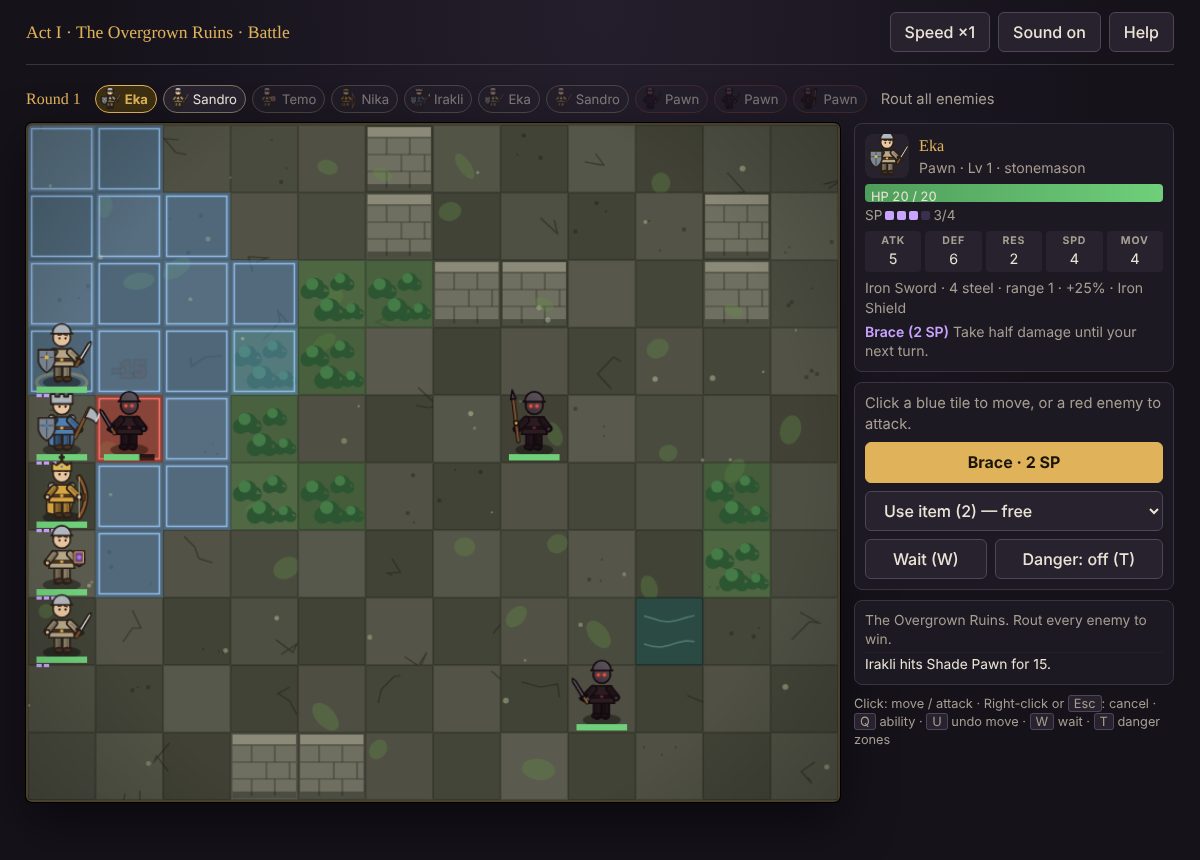 A battle in Rank & File: white chess pieces with swords and a bow face dark shades across a mossy ruined board